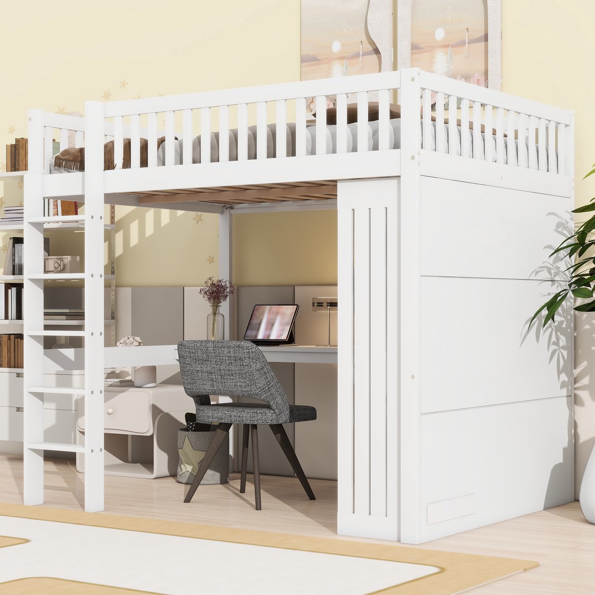 Wishdor Hoogslaper 140x200 cm – Met Bureau, Kledingkast & 3 Lades – Inclusief Open Opbergruimte – Alles-in-één – Grenen & MDF – Wit