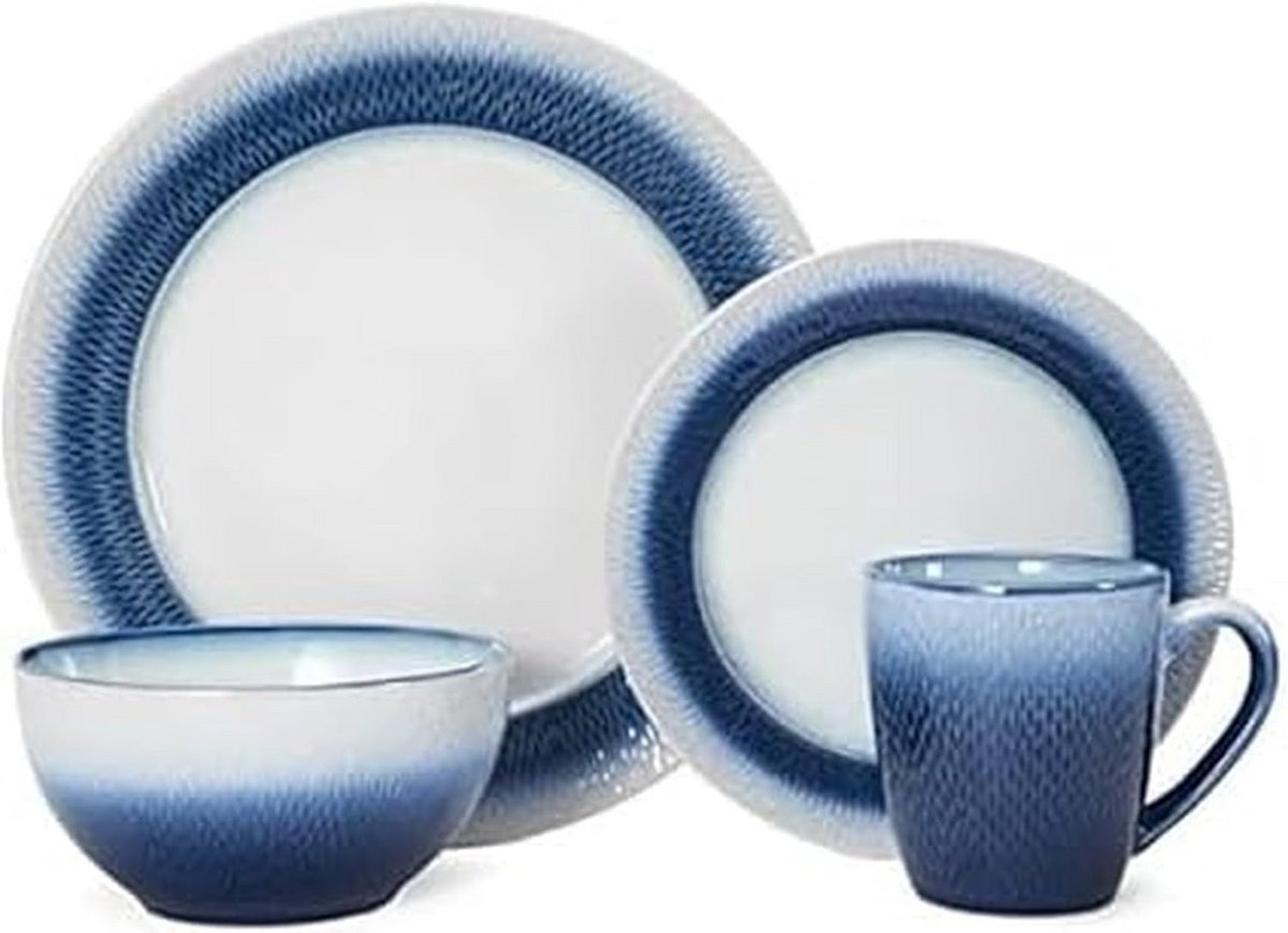 Complete 16-delig Servies voor 4 Personen in Blauw/Wit