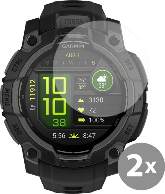 Zwarte Garmin Instinct 3 (50mm) smartwatch met schermprotector. Scherm toont tijd, datum en weer.