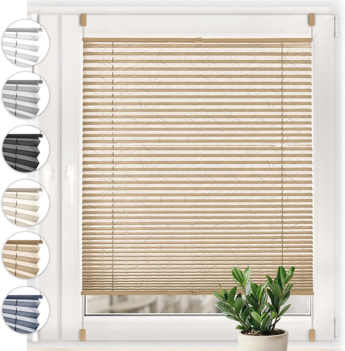 Plisségordijnen Klemmfix zonder boren 65cm x 140cm Cappuccino - Geplooide Raambekleding vo