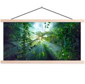 Posterhanger incl. Poster 60x30 cm - Schoolplaat - De zon schijnend door de bossen van een regenwoud in Maleisië - Textielposter - Blanke latten