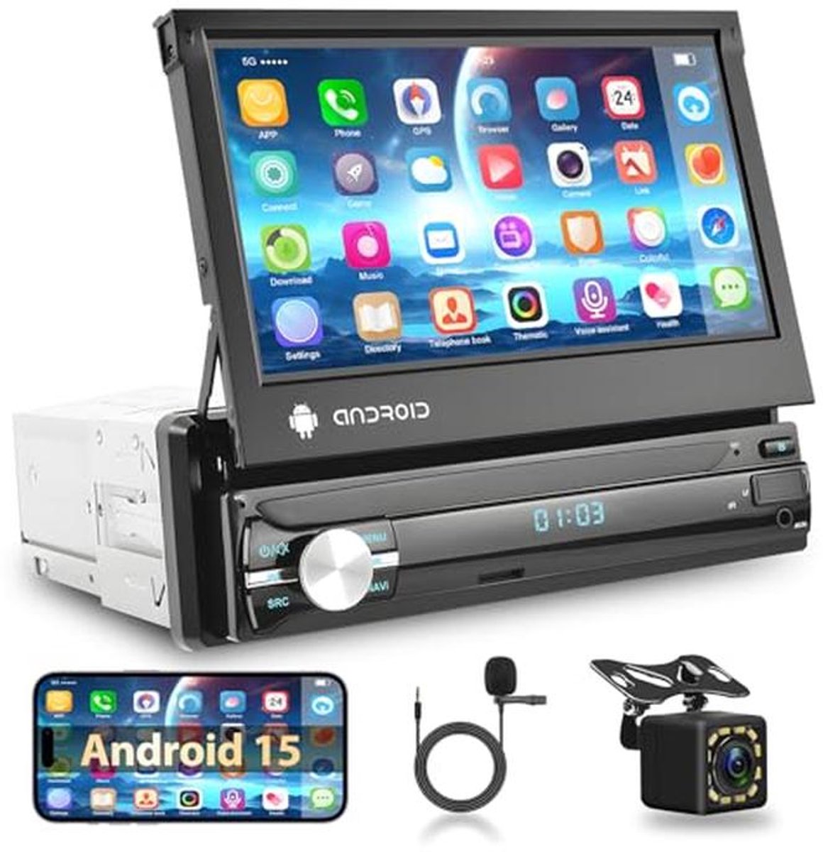 1 Din Autoradio met Bluetooth en 7 Inch Intrekbaar Touchscreen met GPS en WiFi
