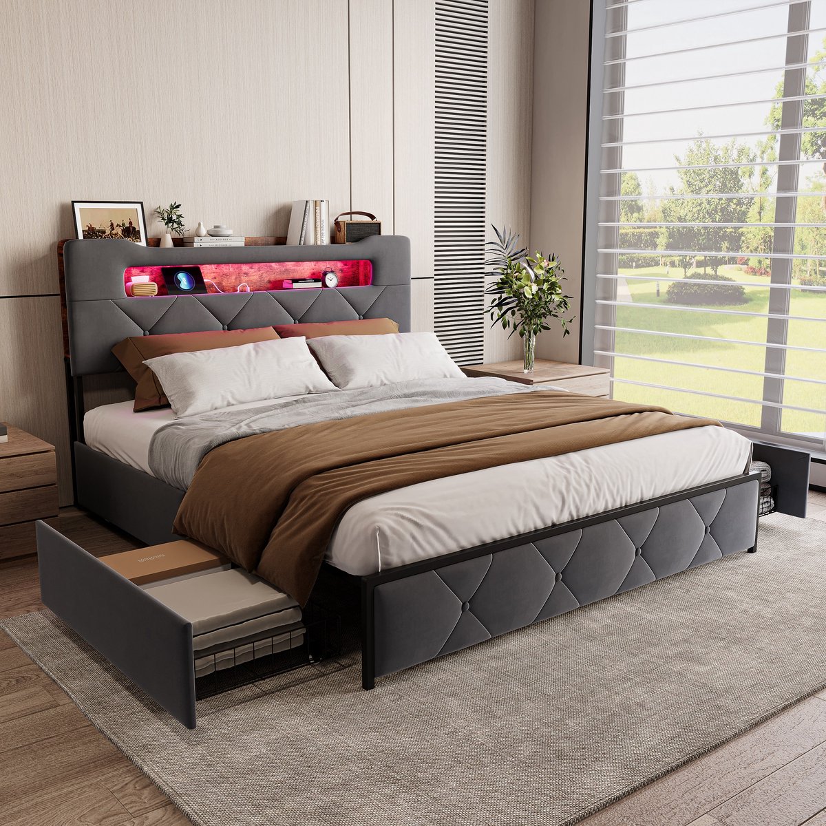 ROSAHQNDA Gestoffeerd bed 160 x 200 cm met ledverlichting en oplaadstation, bedframe met 4 lades voor opbergruimte, slaapkamerbed met lattenbodem, fluwelen stof, grijs, exclusief matras (verpakt in 2 pakketten voor verzending)
