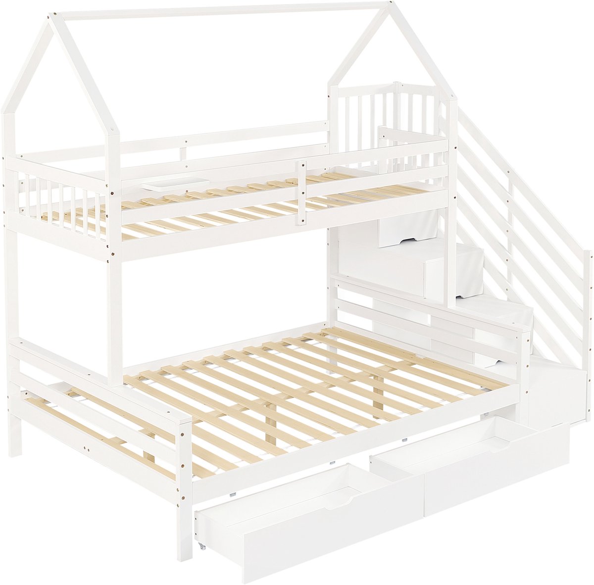 REDOM Kinderstapelbed 90x200 & 140x200 cm – Wit – Met dak, trapkast & 2 uitschuifladen – Kindvriendelijk