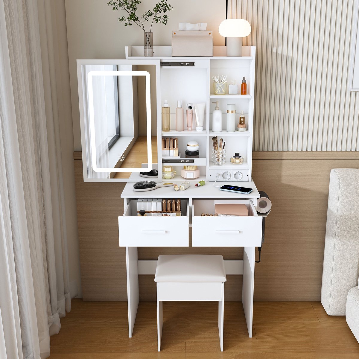 Sweiko Kaptafel - Met kruk - LED-spiegel - Stopcontact - Opbergplank - 2 lades - Wit