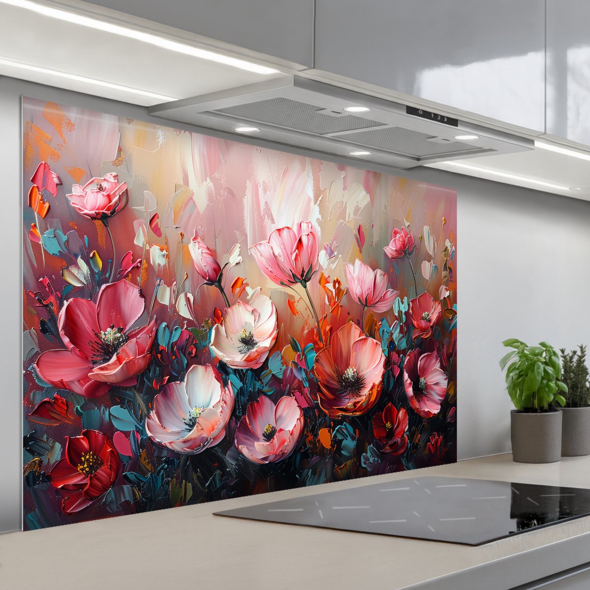 KitchenYeah Spatscherm 120x80 cm Zelfklevende achterwand Klaprozen Roze Bloemen Botanisch Kunst Keuken muurbeschermer Spatwand fornuis