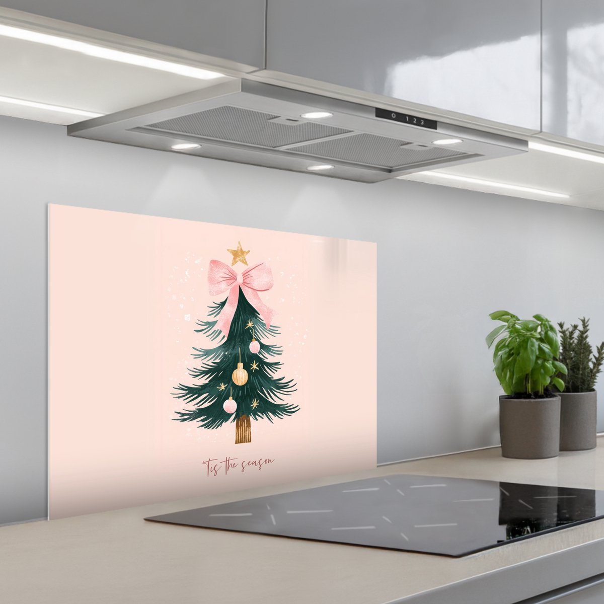 Spatscherm 70x50 cm - Zelfklevende achterwand Christmas Season - Kerst - Kerstboom - Roze - Keuken muurbeschermer - Spatwand fornuis