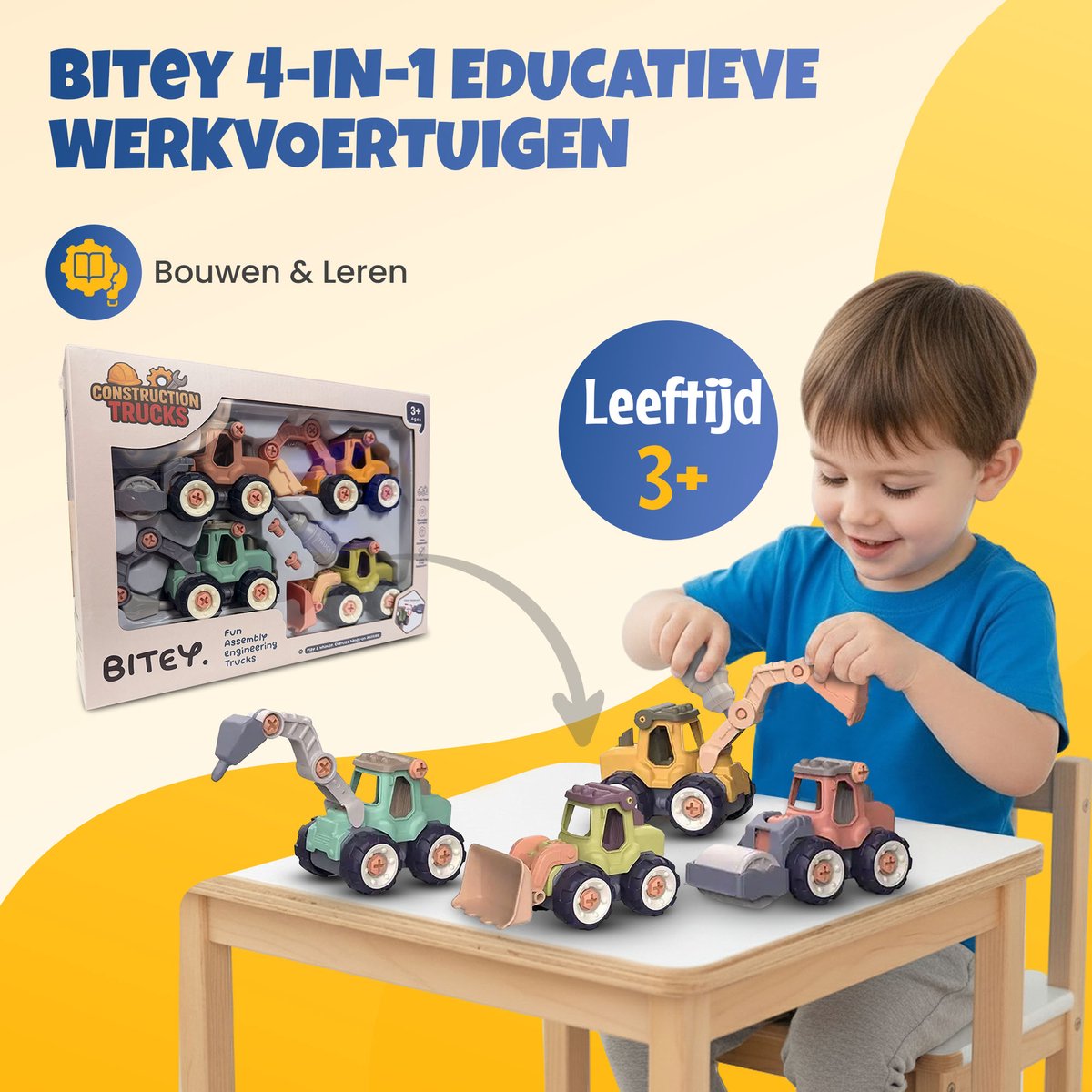 Bitey Speelgoed – Werkvoertuigen (4-delig) - Zelf schroeven - Stimuleert motoriek en leren — afbeelding 8