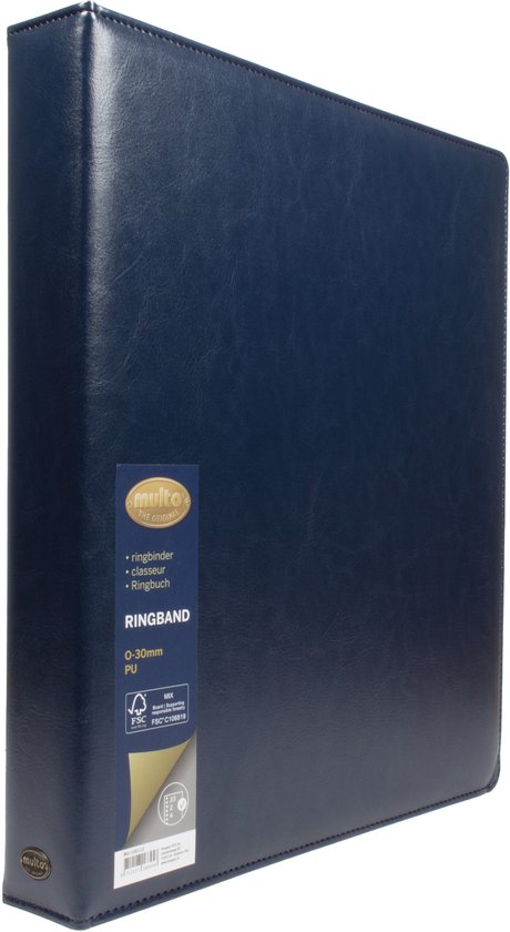 Gesloten blauwe A4 ringband van kunstleer met 'Multo' logo en productinformatie.