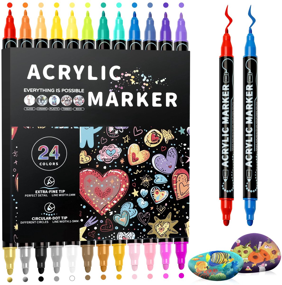 IMPERATORIS® Acrylstiften & Acrylmarkers Set - DIY Acrylverf Kit - Kleuren op Nummer voor Volwassenen - Pen & Marker Penselen Kit - 24 Stuks