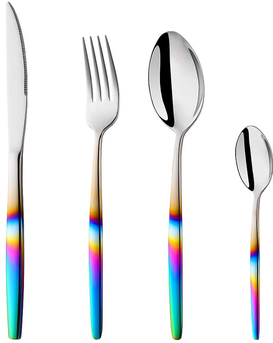Unyqoos® Stijlvol vierdelig bestekset met regenboogkleurige handgreep voor één persoon