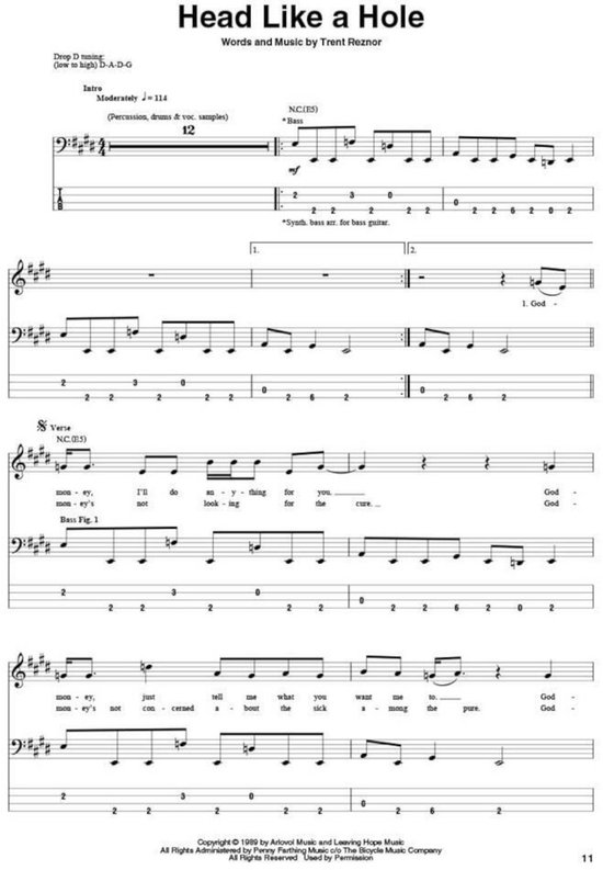 Partition de musique pour "Head Like a Hole".