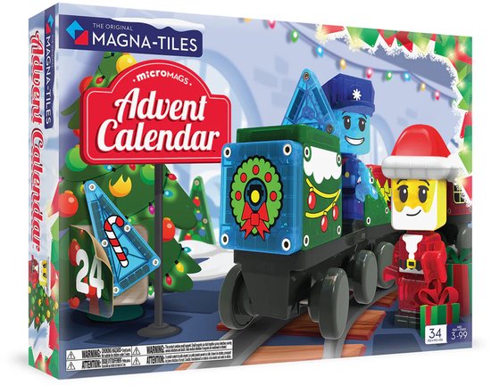 Boîte du calendrier de l'avent Magna-Tiles avec train de Noël et personnages.