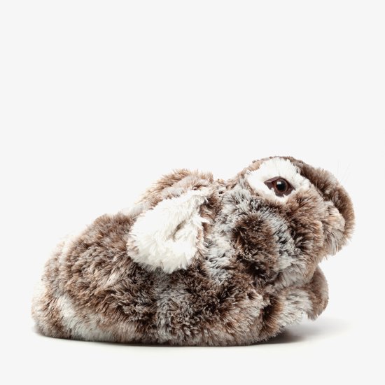 Bruine konijnenpantoffel met witte oren, bruine ogen en snorharen.