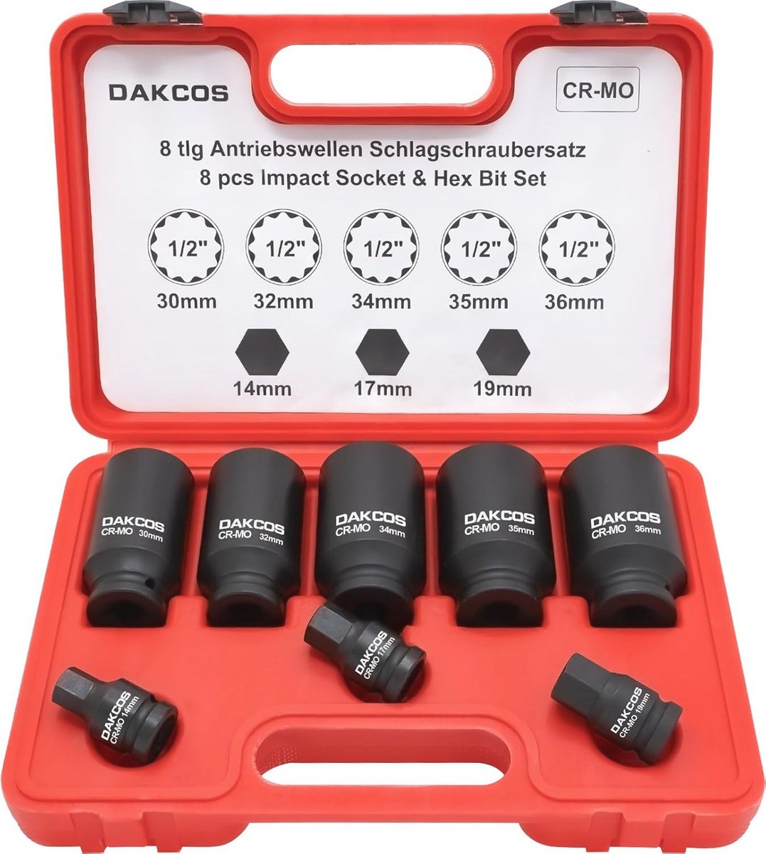 8-delige 1/2 Inch Multi-Tooth Moer Impact Ratelsleutel Set met 30-32-34-35-36mm, Twaalfzijdige Kracht Sleutel, CR-MO