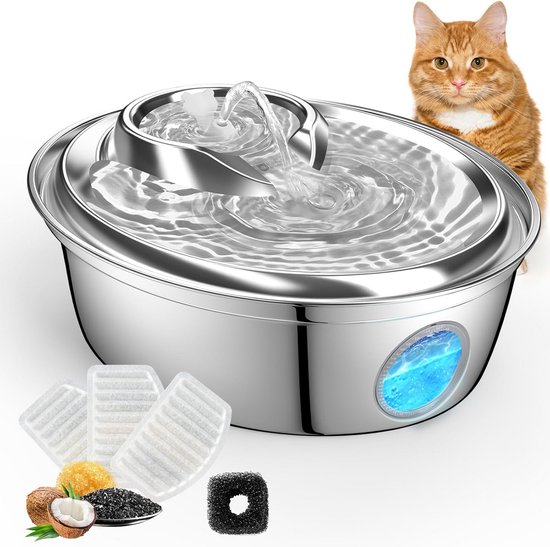 FUKUMARU Drinkfontein voor Katten en Honden, 3,2L Super Stille RVS FUKUMARU Drinkfontein voor Katten en Honden, 3,2L Super Stille RVS