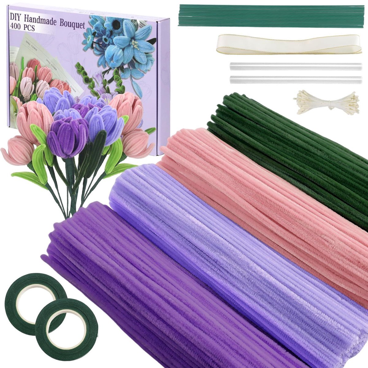 Tulpenboeket pijpenragerset, 400 stuks pijpenragers voor knutselwerk Pijpenragers bloemen Pijpenragers voor knutselwerk met 20 stuks groene knutseldraad, cadeaulint, bloemenlint