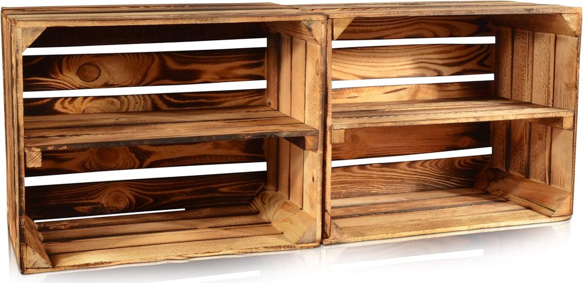 2x Gevlamde Houten Kisten voor Opslag en Decoratie - Lange Plank - 50x40x30 cm