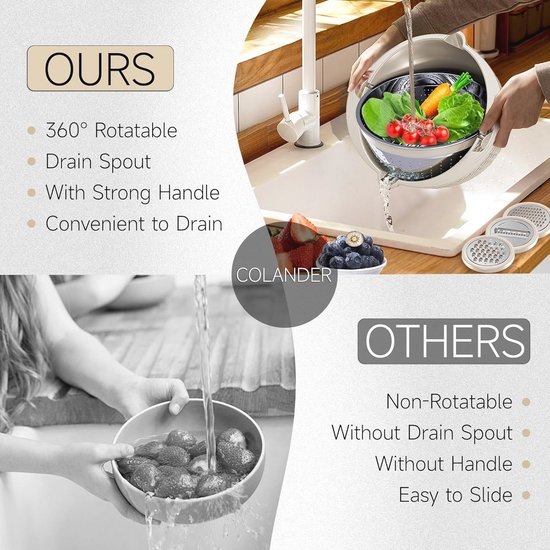 4-in-1 Vergiet Met Draaibare Kom - Multifunctionele Keuken Gadget - Perfecte Cadeau Voor Vrouwen - Beige — afbeelding 4