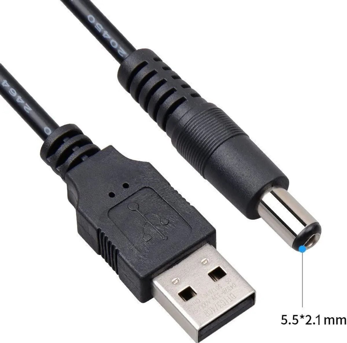 USB-voedingskabel met cilindrische DC-stekker, 5,5 x 2,1 mm oplaadkabel, 0,8 meter.