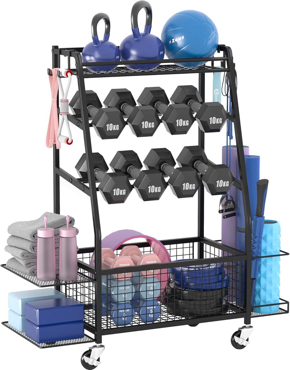 Staransun Dumbbellrekstandaard - Gewichtshouder voor dumbbells - Huishoudelijk sportskast met 4 flexibele wielen - Gewichtshouder voor huishoudelijk sportskast met zijopslag en haken