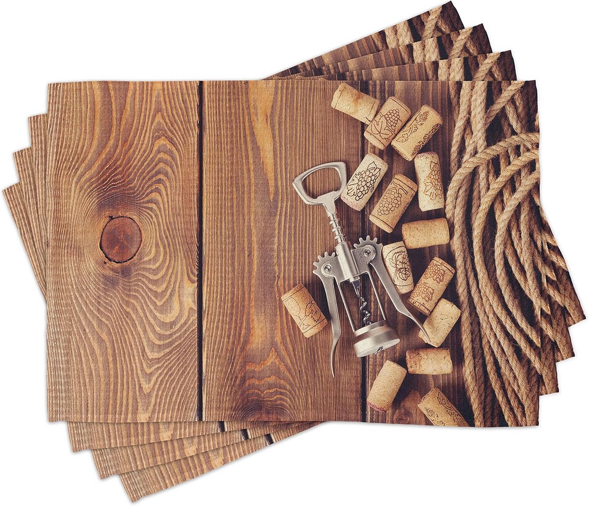 Set van 4 Tafelmatten met Houten Frame en Kurk Motief, Wasbare Stof