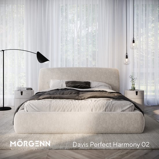 Le lit Davis Perfect Harmony 02 dans une chambre lumineuse, fait avec de la literie foncée. Le revêtement beige et la tête de lit sont proéminents.