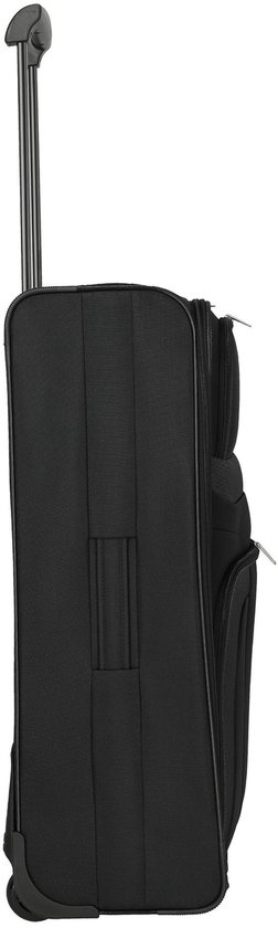 Profil latéral d'une valise noire avec poignée rétractable et roues.