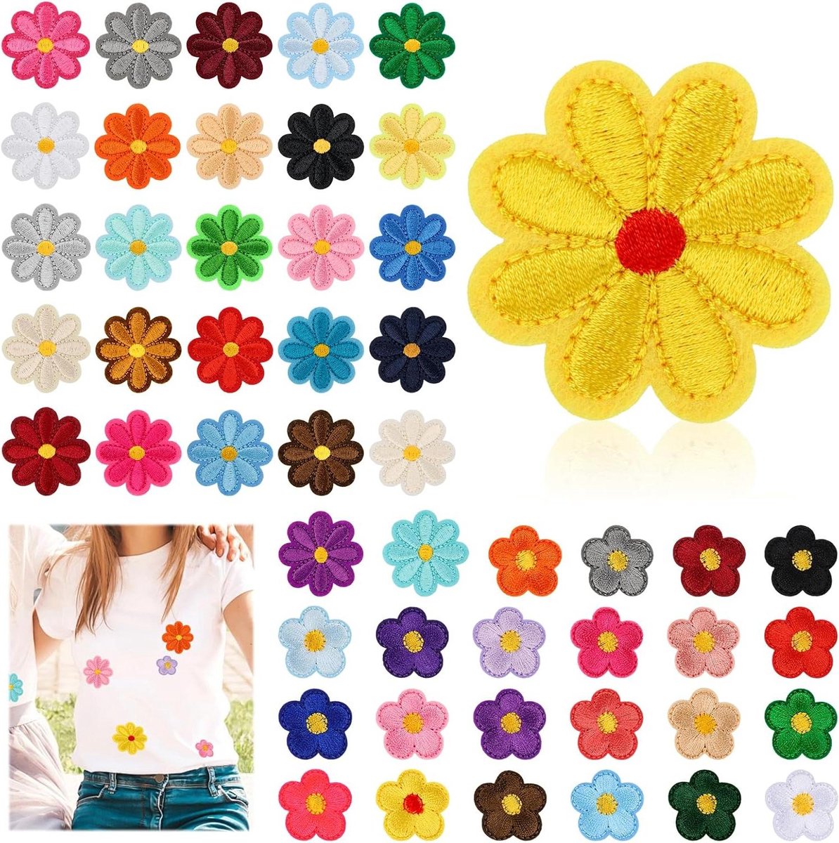 Set van 50 opstrijkpatches voor volwassenen met bloemmotieven