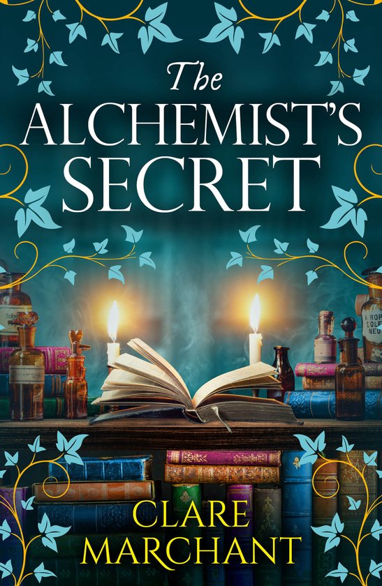 Boekcover van 'The Alchemist's Secret' met open boek, kaarsen en alchemistische flessen.