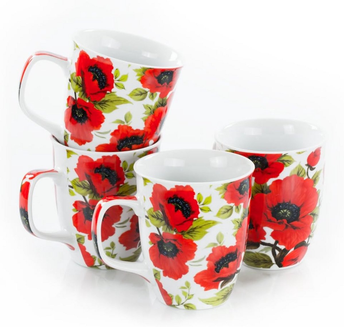 Set van 4 Grote Porseleinen Bekers met Klaprozen Design - 400 ml