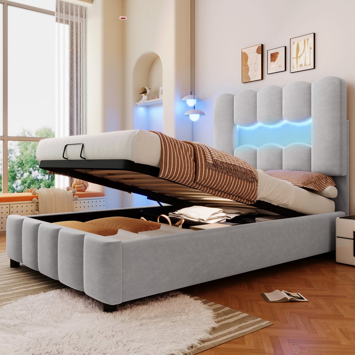 STILVORA Gestoffeerd Bed 90x200 cm – Eenpersoonsbed Met Hydraulische Opbergruimte & LED-Sfeerverlichting – Fluweel; MDF – Grijs – Zonder Matras