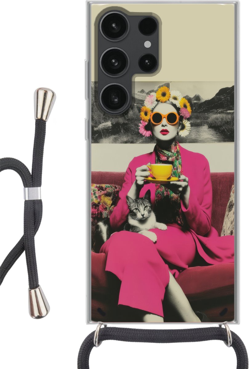 Vrouw - Kat - Bloemen - Kopje - Retro