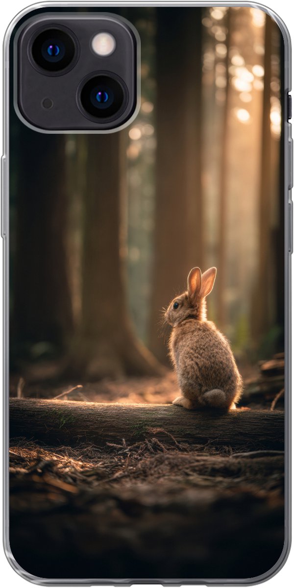 Telefoonhoesje Geschikt voor iPhone 13 hoesje - Konijn - Bos - Zonnestralen - Siliconen Telefoonhoesje Telefoonhoesje