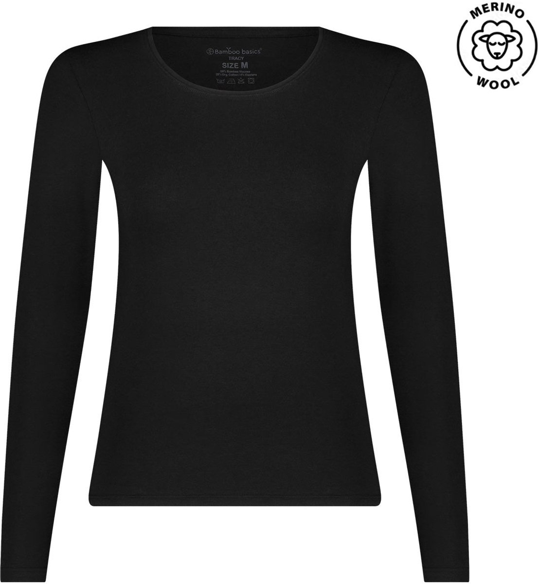 Comfortabel & Zijdezacht Bamboo Basics Merino-Bamboe T-shirt lange mouw Tracy - Zwart - XL
