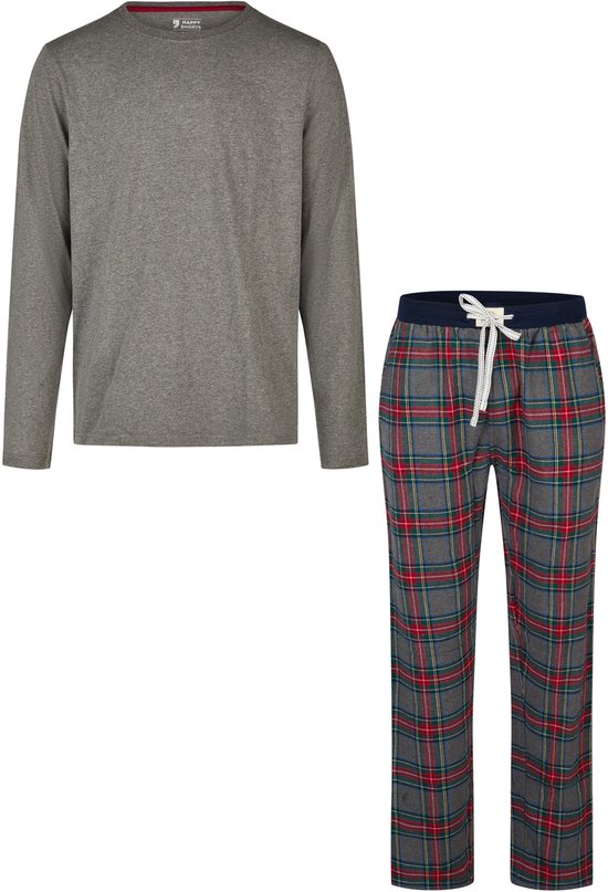 Set pyjama de Noël pour homme Happy Shorts , chemise et pantalon en flanelle à carreaux Grijs et rouges - Taille XL