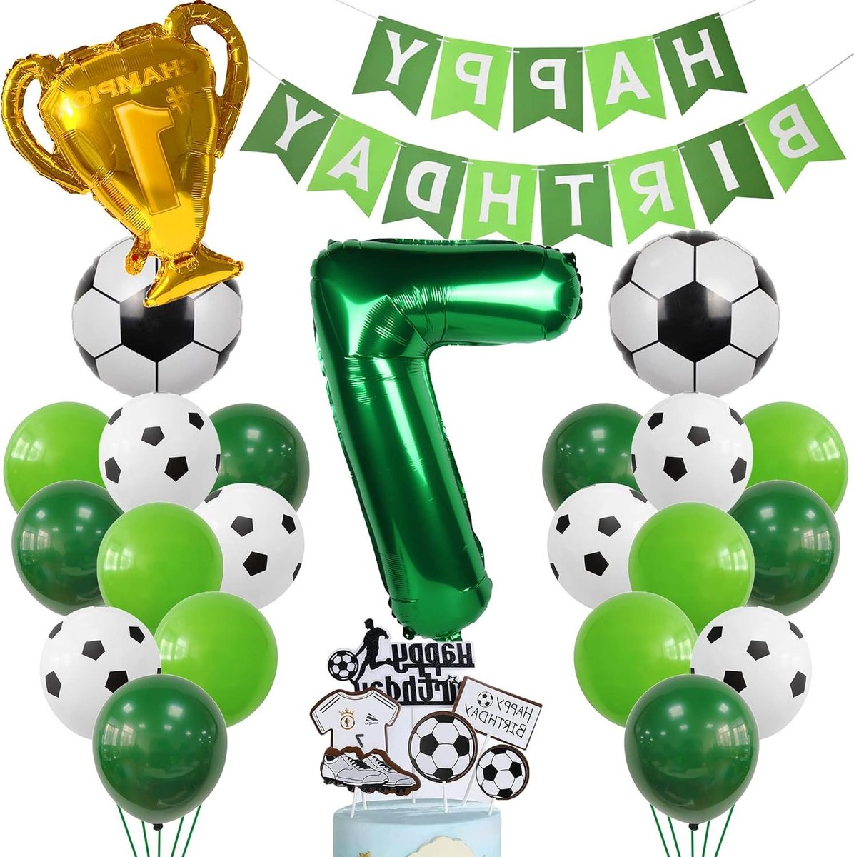CSGoods - Voetbal Ballon 7e Verjaardag Jongen Groen Helium Taarttopper Feestdecoratie