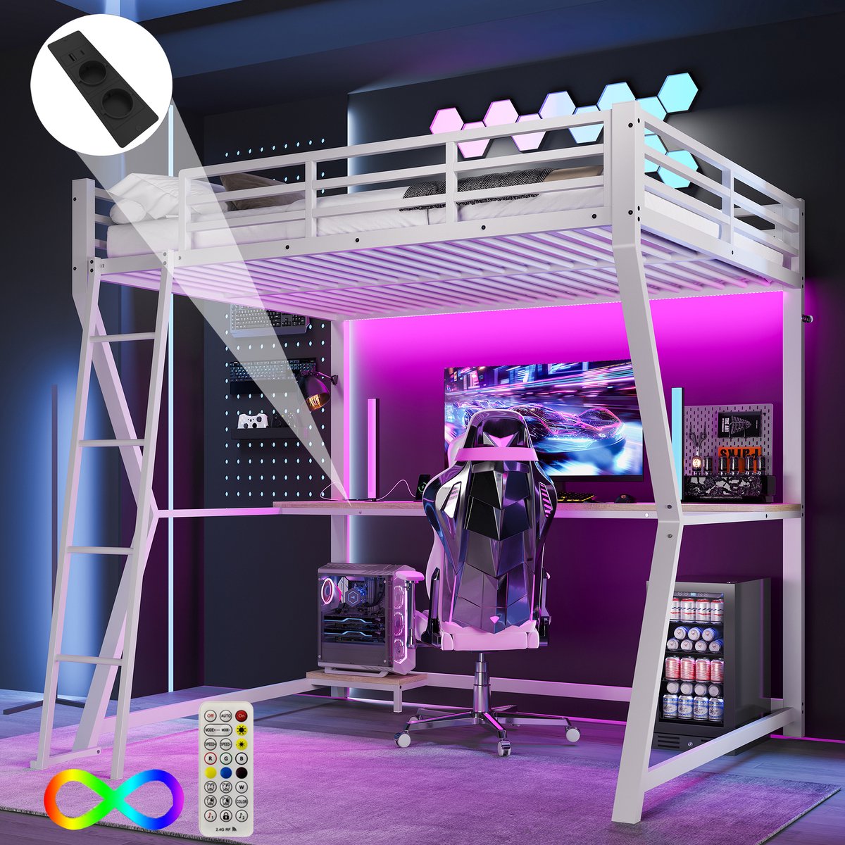 SONNENH Hochbett 140x200cm - Zonder Matras - Zwart/Wit - Metaal en MDF Frame - Verstelbare LED-verlichting - Bureau met USB-aansluitingen - Veilige Trap en Leuning