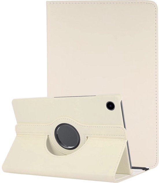 Étui de tablette crème, horizontal et vertical, avec l'étui fermé et une tablette dans le support.