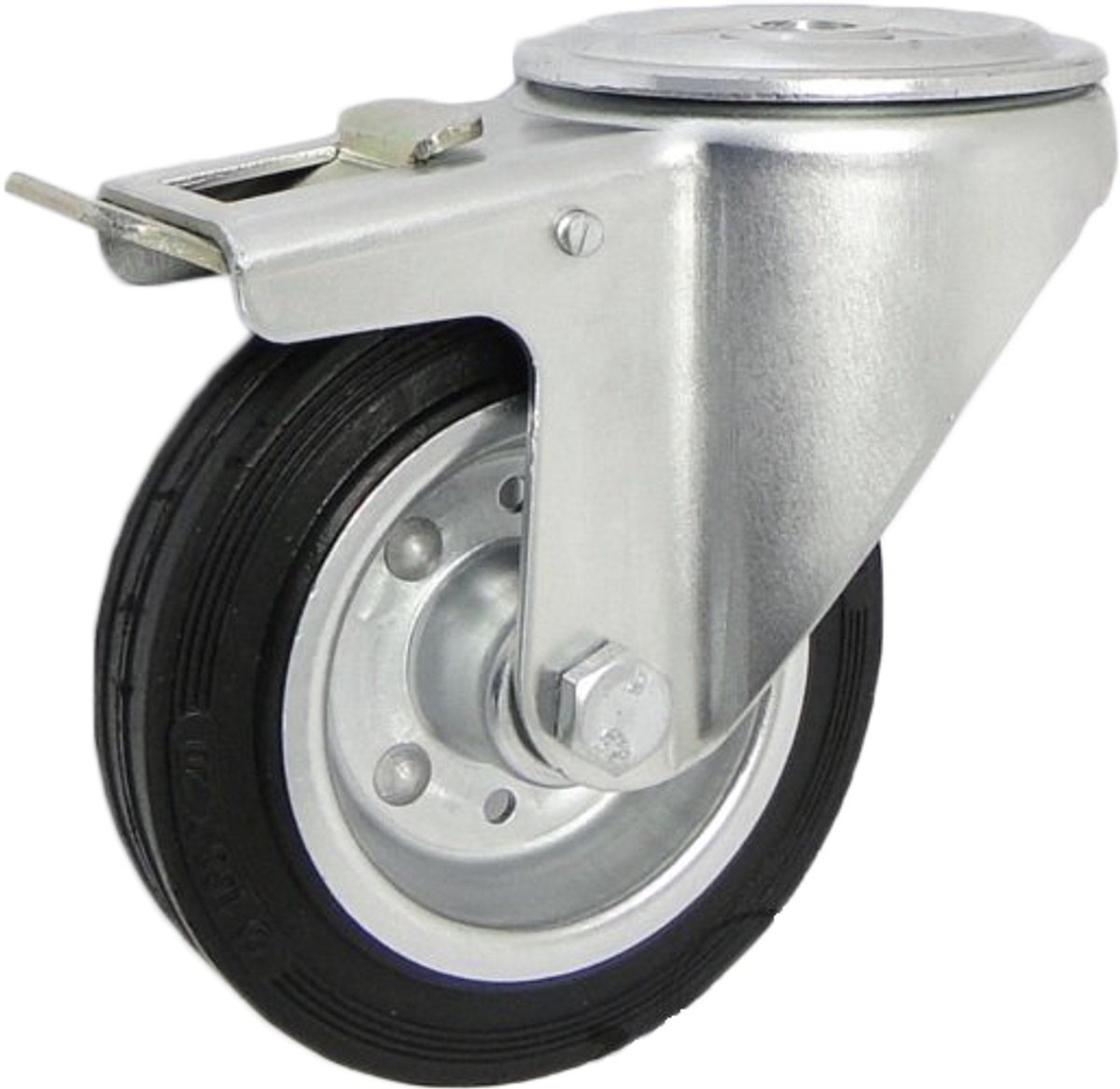 Zwenkbaar wiel met peddel, 100mm, metaal/rubber, met bevestiging