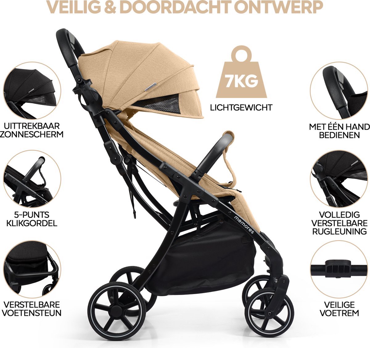 Memores Plooibuggy Taupe - Buggy Inklapbaar - Inclusief Regenhoes en Bekerhouder - Peuter - Extra licht & Compact voor Vliegtuig, Auto & OV - Extra Veilig en Wendbaar door Grote Massieve Wielen - Tot 4 jaar - Kinderwagens - Wandelwagen - M1 – foto 5