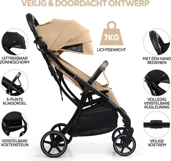 Memores Plooibuggy Taupe - Buggy Inklapbaar - Inclusief Regenhoes en Bekerhouder - Peuter - Extra licht & Compact voor Vliegtuig, Auto & OV - Extra Veilig en Wendbaar door Grote Massieve Wielen - Tot 4 jaar - Kinderwagens - Wandelwagen - M1 van Merkloos — afbeelding 5
