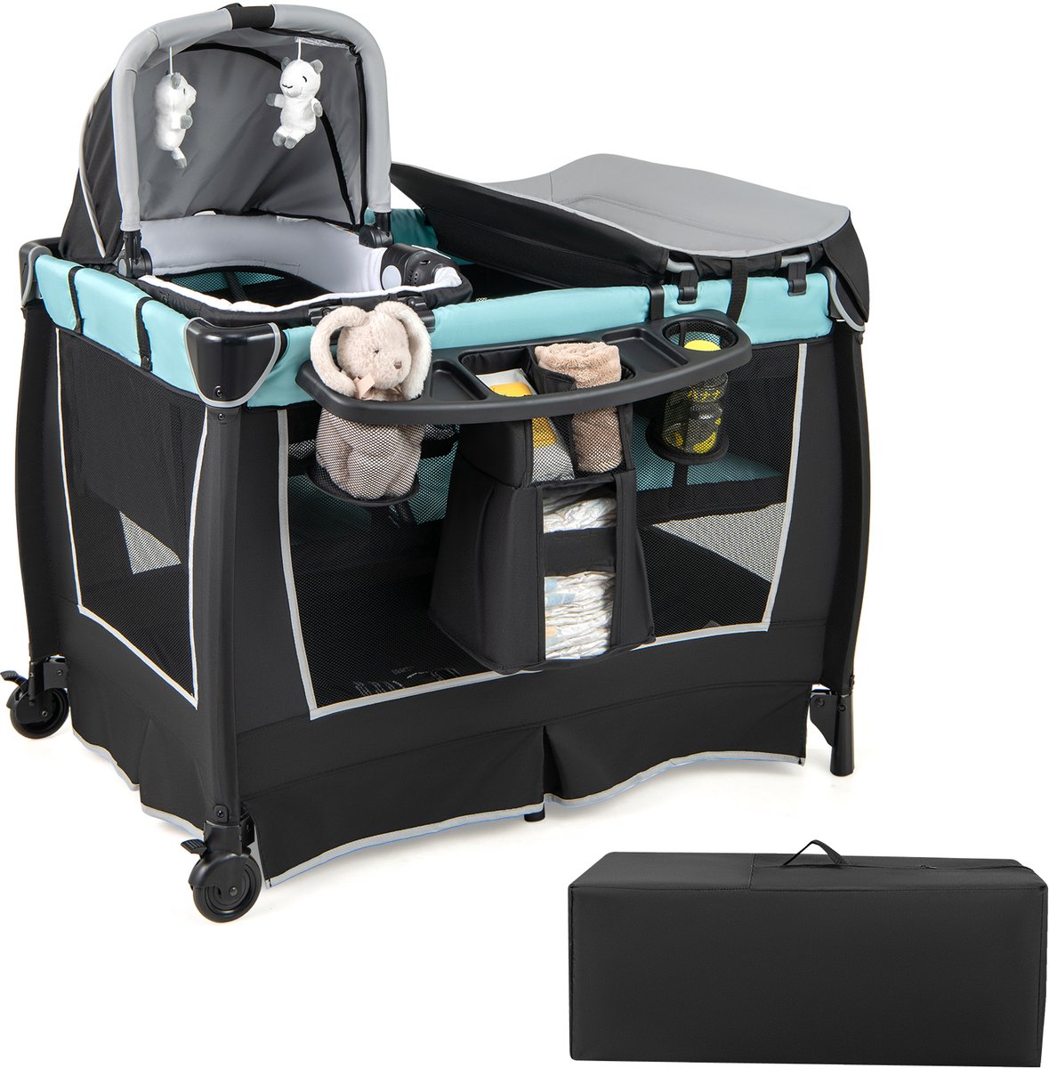 COSTWAY 6-in-1 reisbed met matras, mobiele babywieg met verstelbare luifel, opklapbed met aankleedkussen, muziekdoos en draagtas voor baby's tot 3 jaar, belastbaar tot 15 kg (groen)