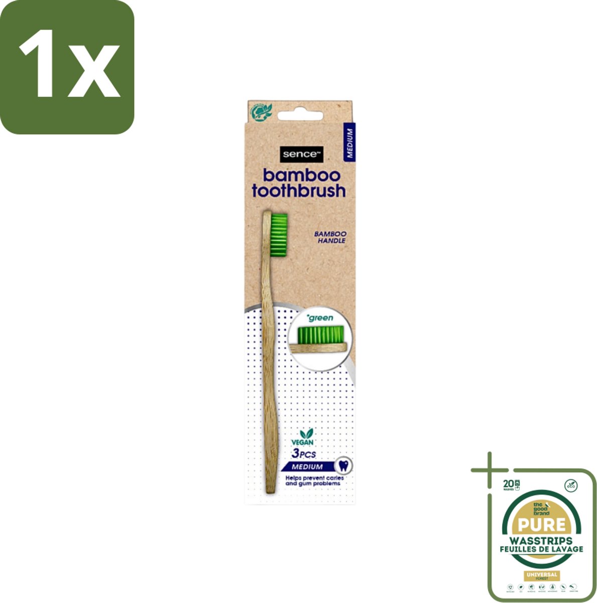 1 x Sence - Bamboo - Tandenborstels - Medium - Set van 3 - Groen- Tandenborstel - Bamboo Tandenborstel - Duurzame Tandenborstel - Vegan Tandenborstel - Milieuvriendelijke Tandenborstel