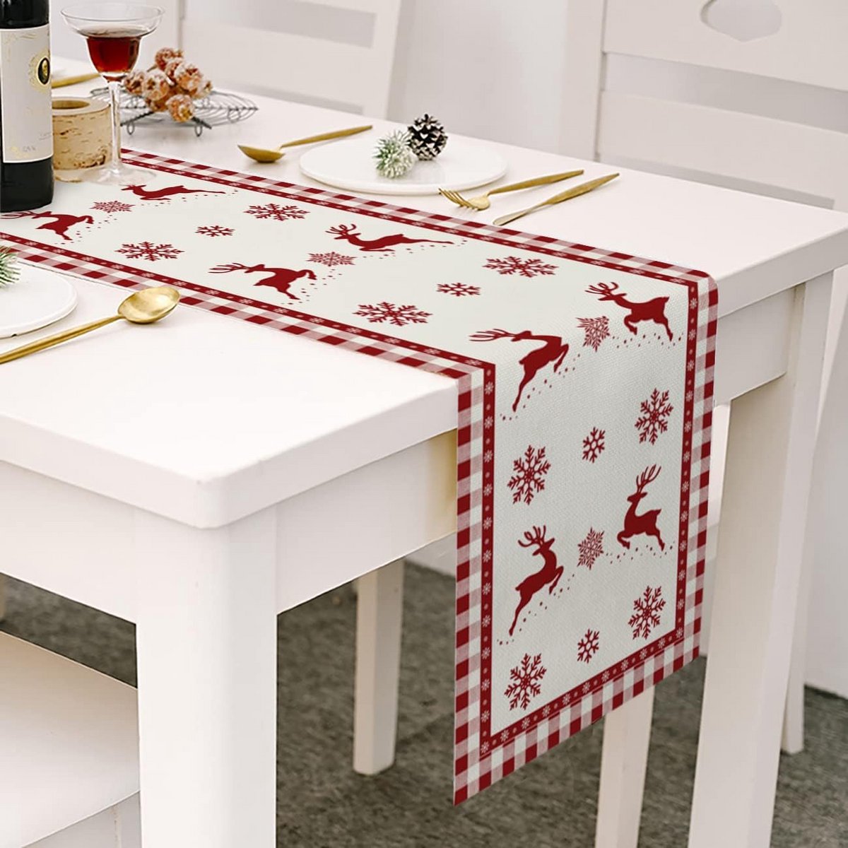 Kerst Tafelloper Rood Geruit met Sneeuwvlokken voor Winterdecoratie