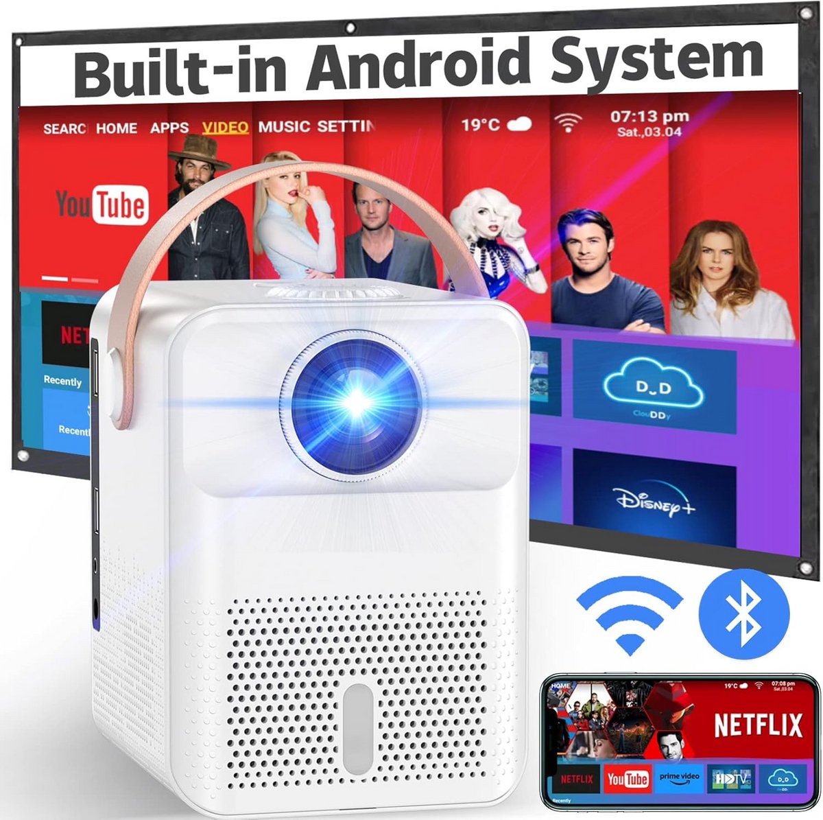 Draagbare Beamer - Mini Projector - Film Avond - Ingebouwd Android Systeem - 300 inch - Wit