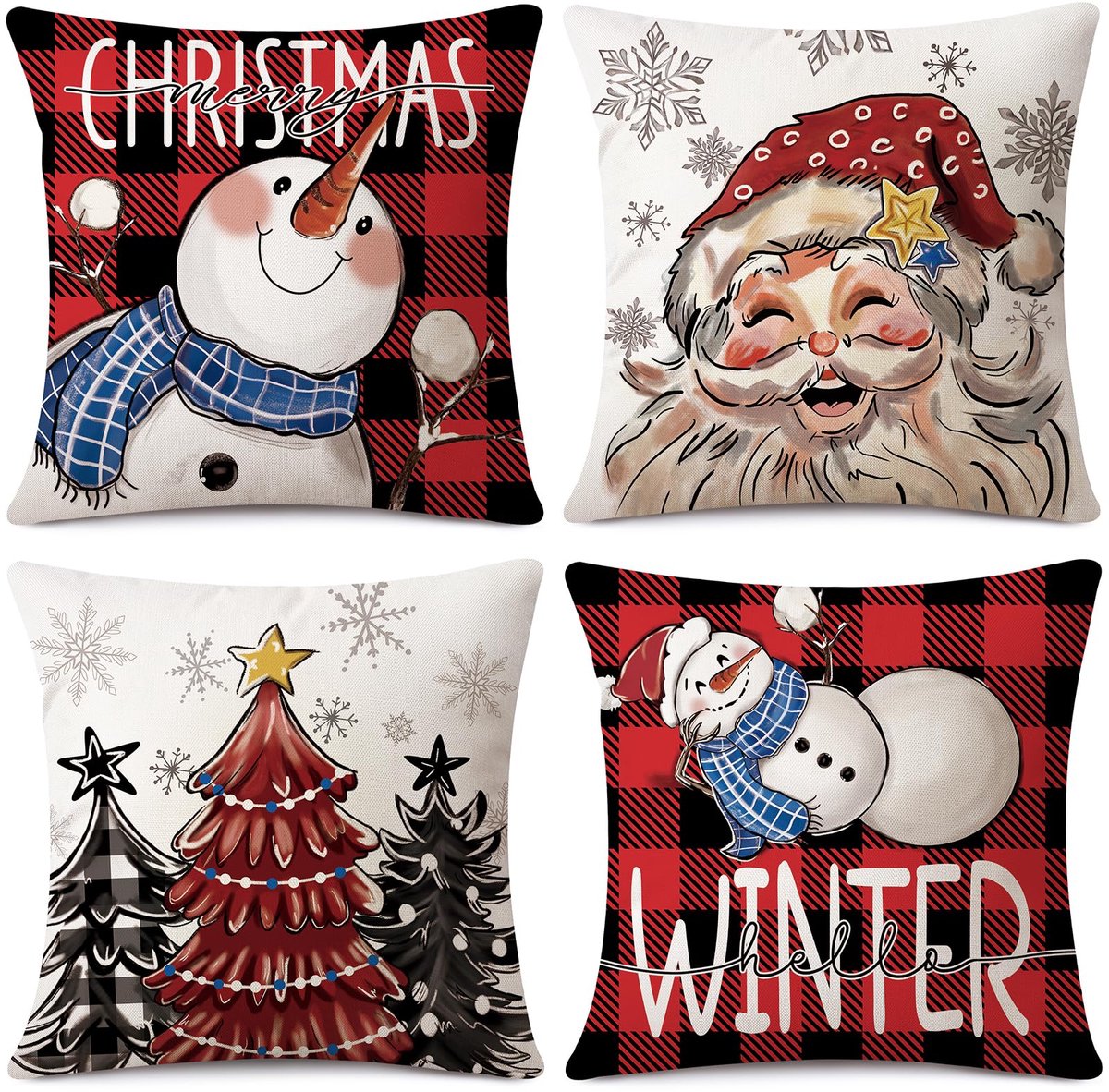 Unyqoos Set van vier kerstkussenhoezen met feestelijke prints voor huisdecoratie rood
