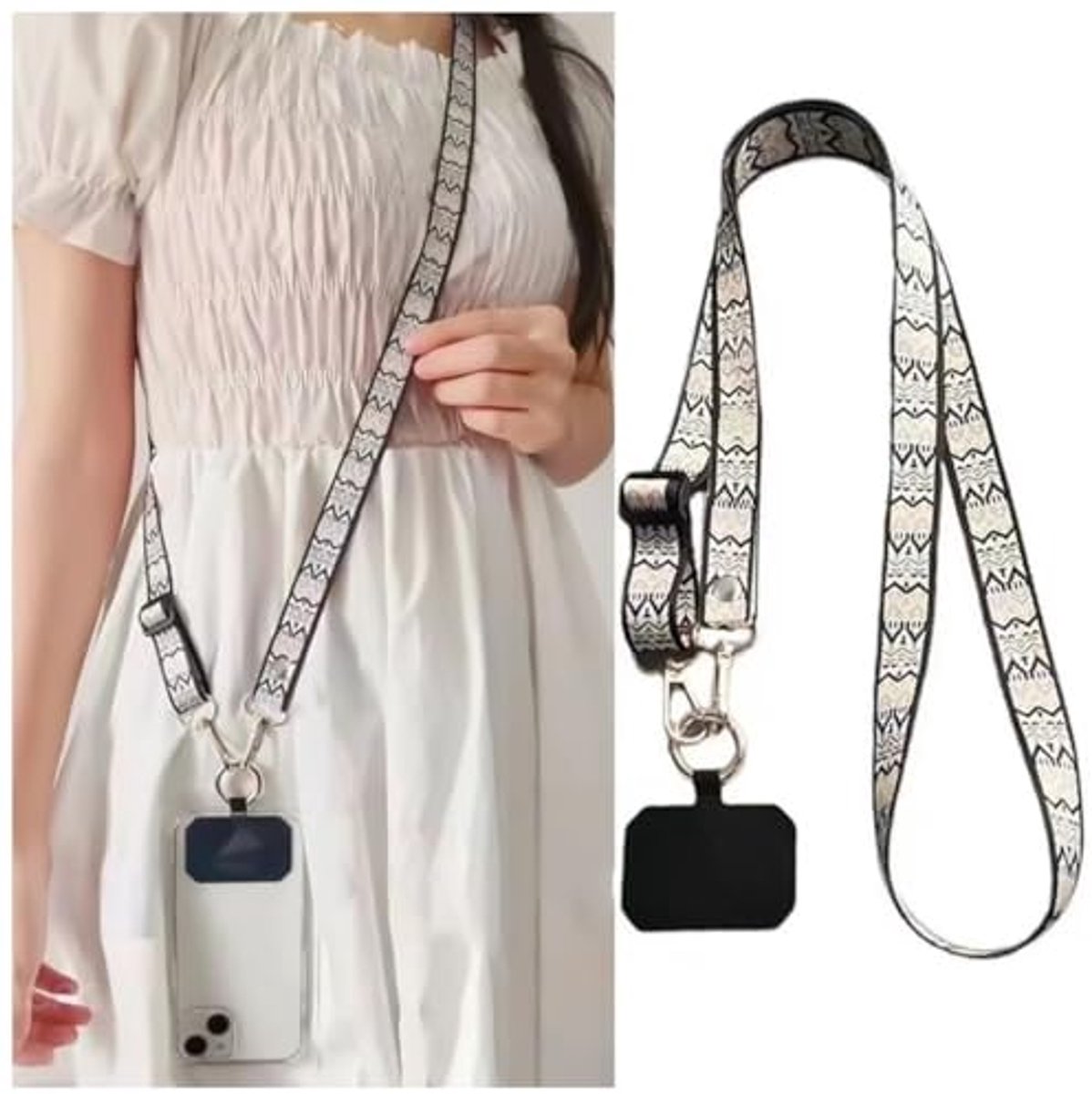 Telefoonkoord × Verstelbare nekband × Klemplaat × Zwart touw Universeel multifunctioneel telefoonkoord, compatibel met de meeste smartphones