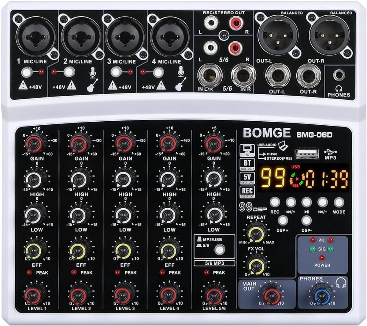 Professionele DJ Mixer 6 Kanalen Audio Mengpaneel met Bluetooth, USB, 48V Fantoomvoeding en DSP Effecten