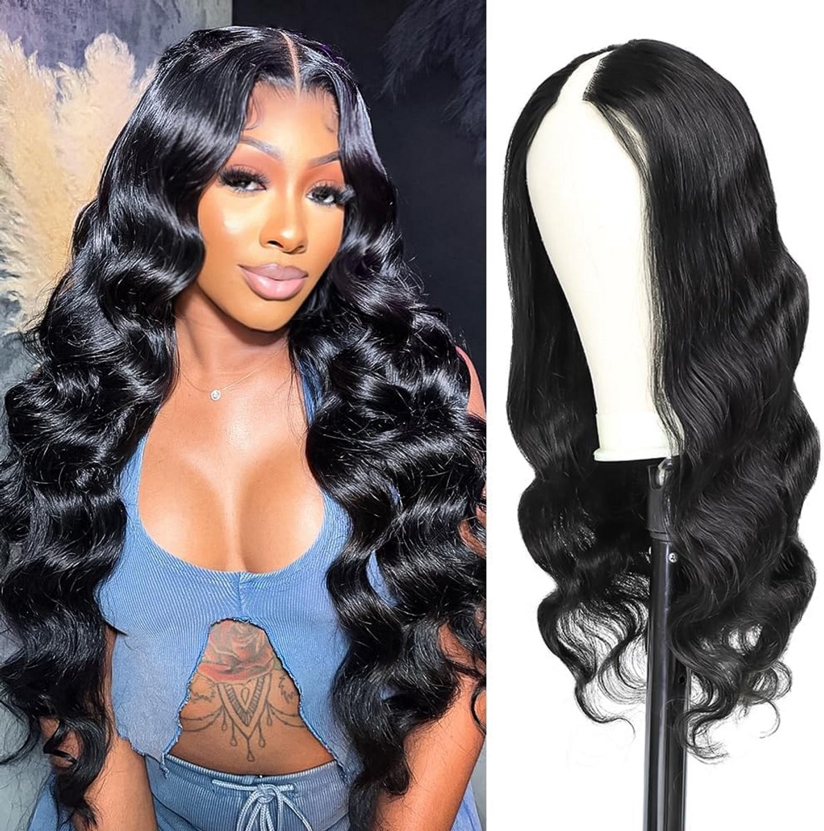 Body Wave V Deel Halve Pruik Clip-In Menselijk Haar 26 Inch Glueless
